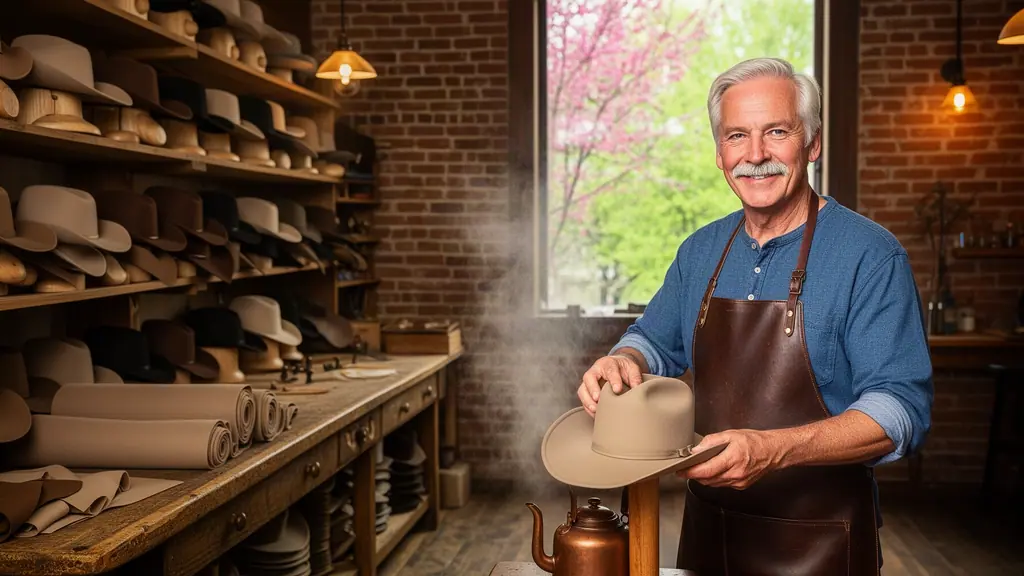 A smiling hat maker steaming a felt cowboy hat in a brick workshop lined with shelves of hats and hat blocks.